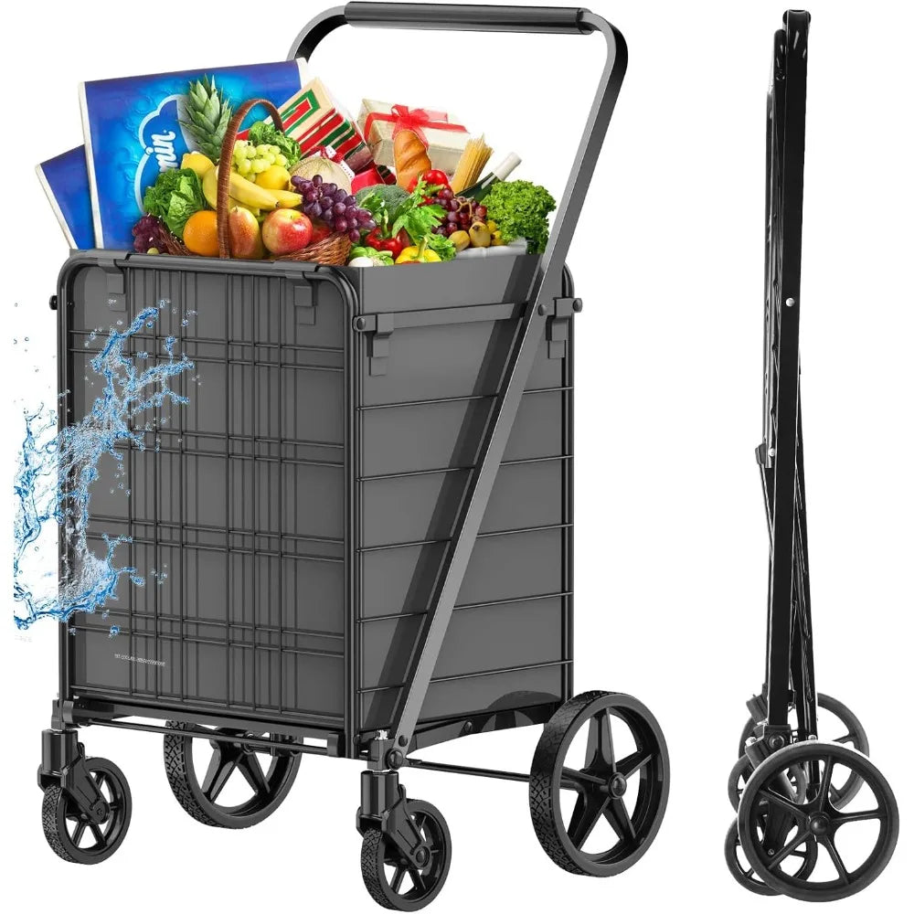 Heavy Duty 280lb Folding Shopping Cart — Large Utility Cart with Waterproof Liner & 360° Rotating Wheels