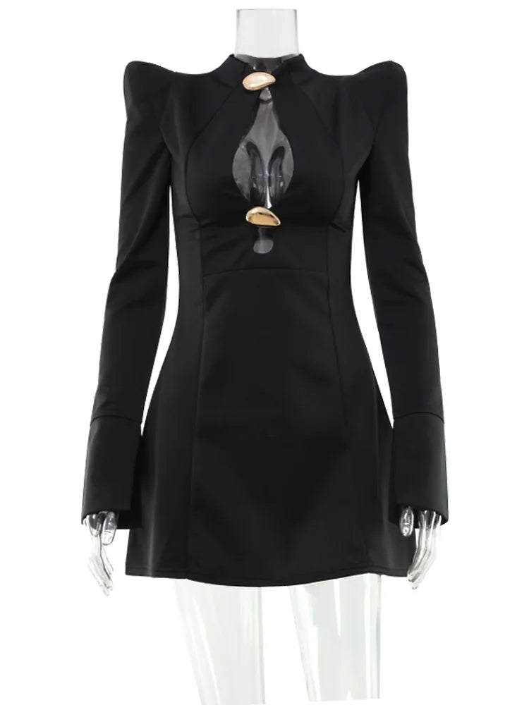 CNYISHE Women’s Metal Buckle Hollow Out Bodycon Dress – Long Sleeve O-Neck Sexy Club Sheath Chic Autumn Fashion Slim Fit Robe