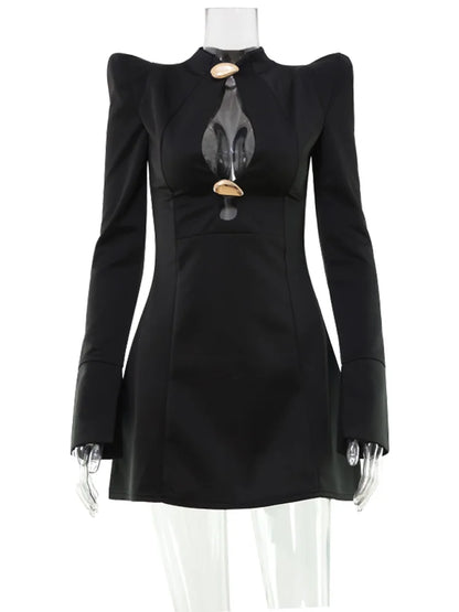 CNYISHE Women’s Metal Buckle Hollow Out Bodycon Dress – Long Sleeve O-Neck Sexy Club Sheath Chic Autumn Fashion Slim Fit Robe