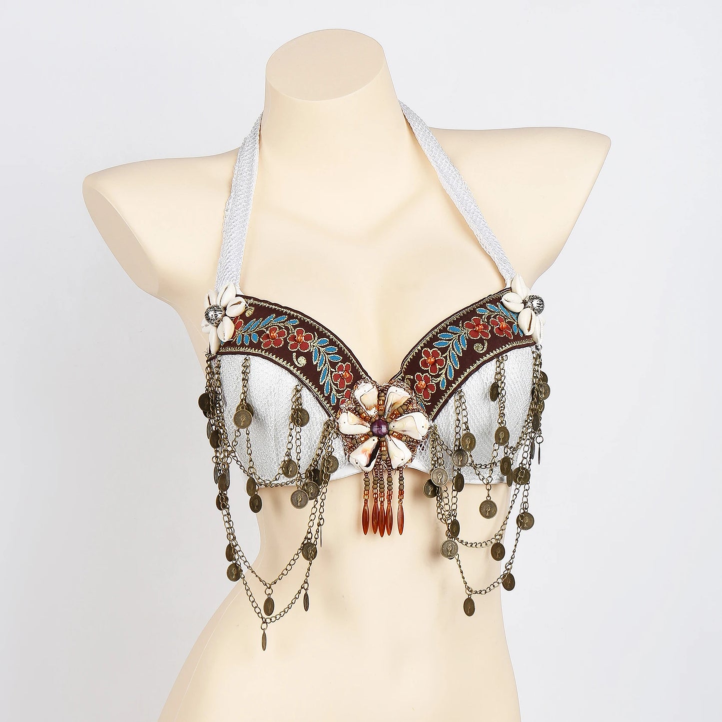 Vintage Gypsy Tribal Belly Dance Push-Up Bra – Wooden Beads Top with Turquoise Medallion