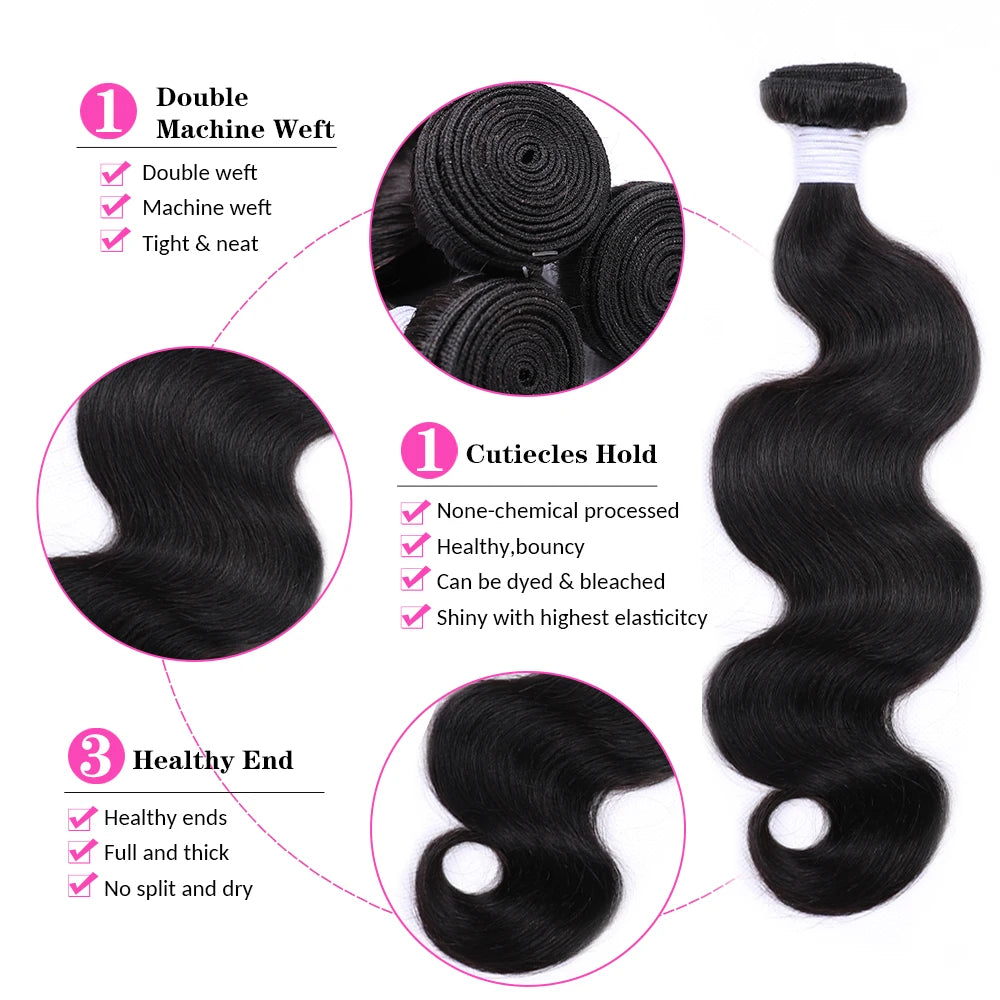 Body Wave Brazilian Human Hair Bundles – 1/3/4 Bundle Deals Natural & Jet Black Hair Extensions