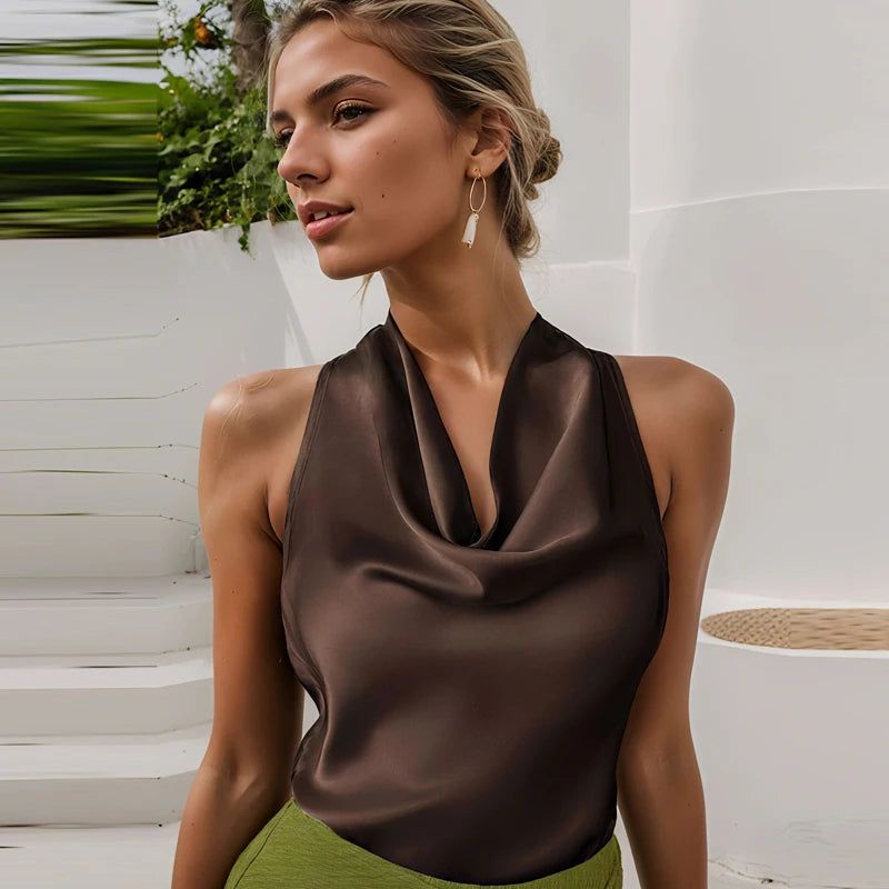 Women's Satin Halter Corset Top – Backless Elegant Sexy Summer Tank Vest in Yellow Pink Black