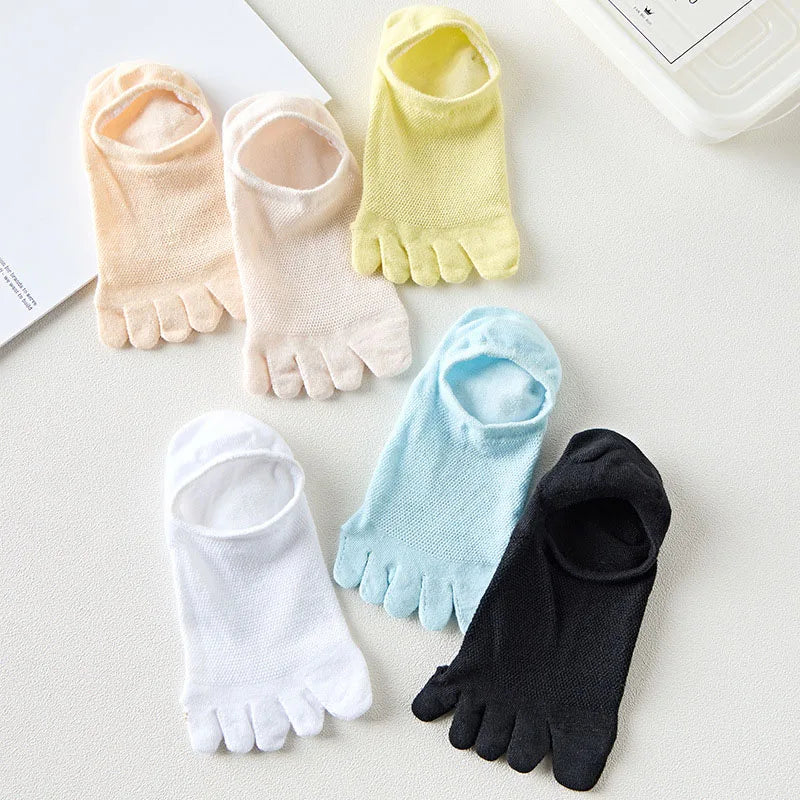 Men & Women Five-Finger Toe Socks – Breathable Mesh No-Show Ankle Sports Socks, Sweat-Absorbing Cotton Short Boat Socks