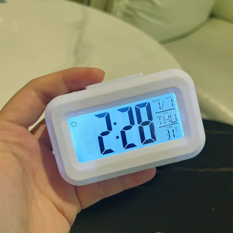 Smart Digital Alarm Clock – Black & White LCD with Temperature, Calendar, Timer & LED Light for Bedroom or Office (No Battery)