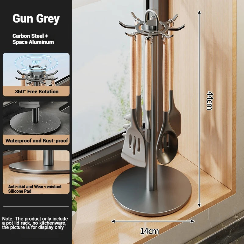 Rotating Kitchen Utensil Stand — 8-Hook Countertop Organizer for Cooking Tools