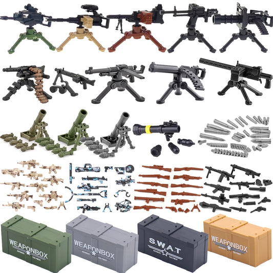 Military Building Blocks Soldier Set - Tactical Weapons Figures with Gatling Gun, Rifle, Mortar & Accessories Toy Kit