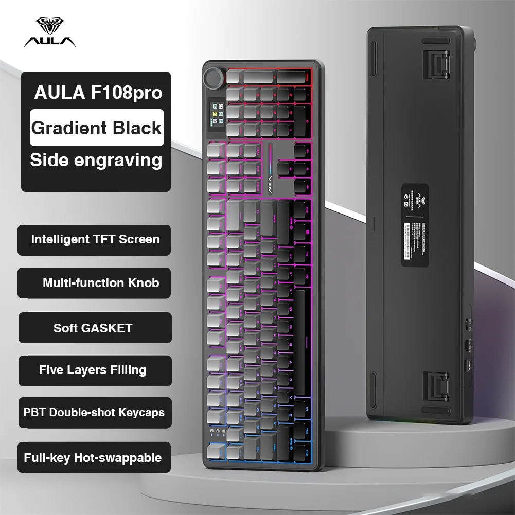 AULA F108 Pro Full-Size Gaming Keyboard – Wireless Bluetooth, Hot-Swappable Gasket Mount, Macro Keys, TFT Smart Display