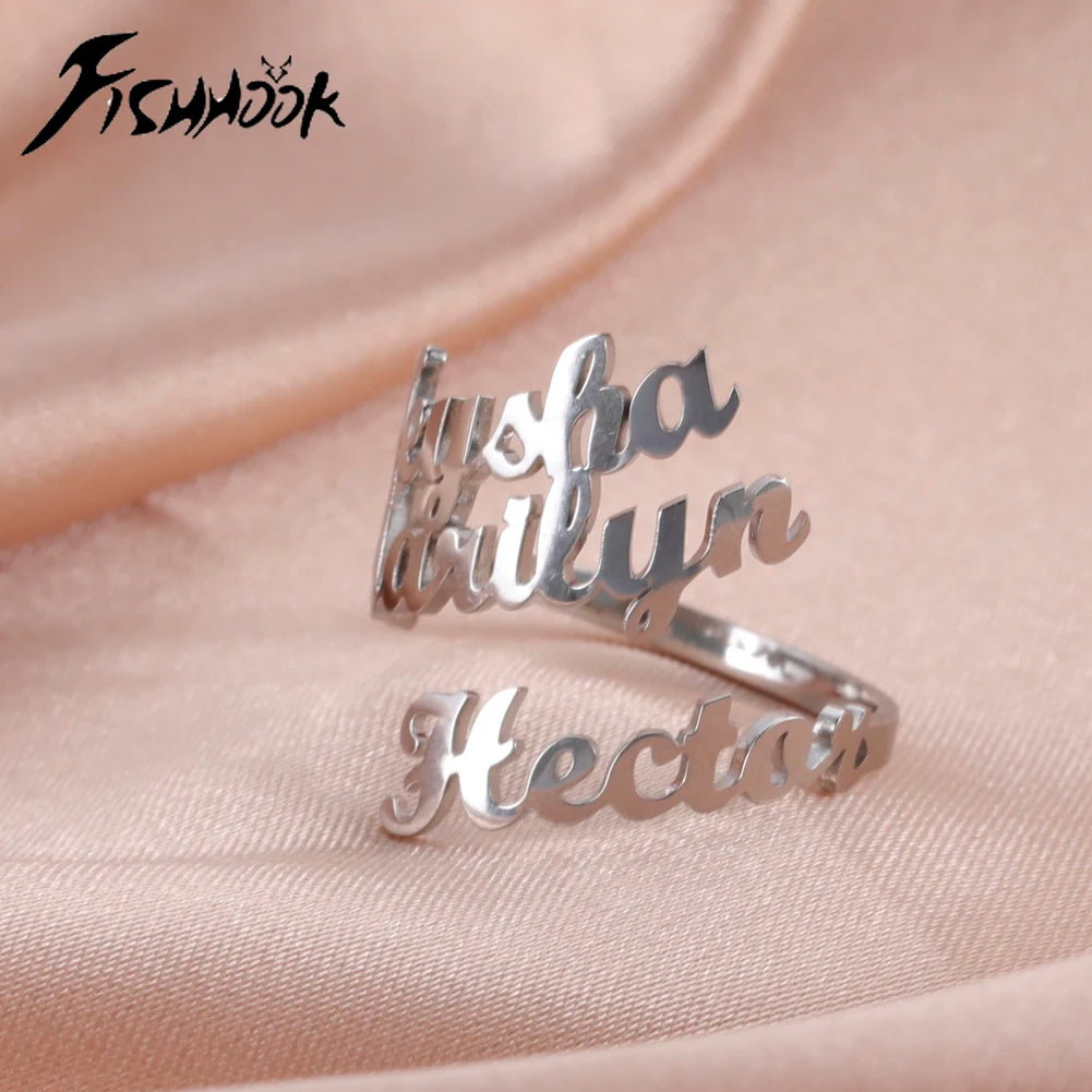 Custom Fishhook Double Name Finger Ring - Personalized Family & Couple Love Gift for Women & Men, Gold Stainless Steel Jewelry