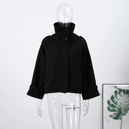 Women’s Short Woolen Coat - Stand Collar Loose Zipper Jacket for Spring Autumn Fashion Outerwear