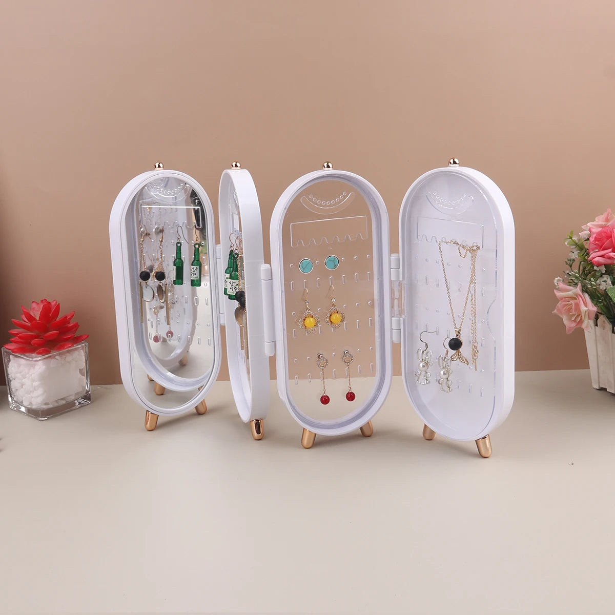 Foldable Jewelry Box Organizer with Mirror: Plastic Storage Container for Women - Desk Storage Rack for Earrings, Necklaces, Rings, and More