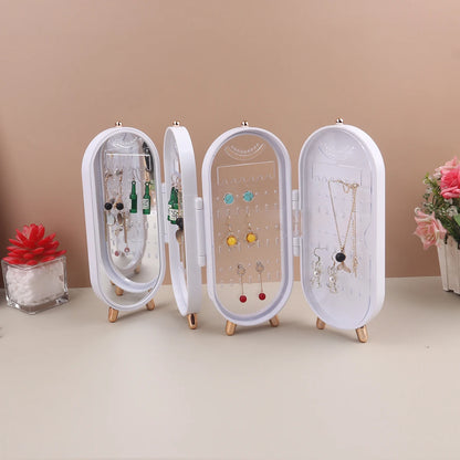 Foldable Jewelry Box Organizer with Mirror: Plastic Storage Container for Women - Desk Storage Rack for Earrings, Necklaces, Rings, and More