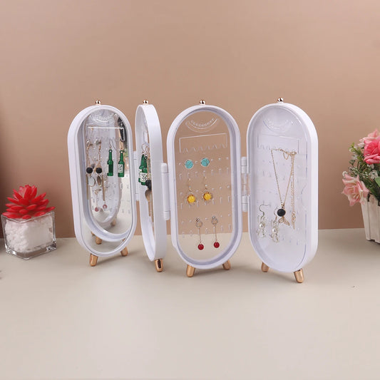 Foldable Jewelry Box Organizer with Mirror: Plastic Storage Container for Women - Desk Storage Rack for Earrings, Necklaces, Rings, and More