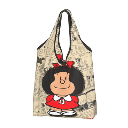 Anime Mafalda Cartoon Grocery Tote Bag – Large Capacity Fashion Shopper Shoulder Handbag, Portable Kawaii Canvas Bag for Everyday Use