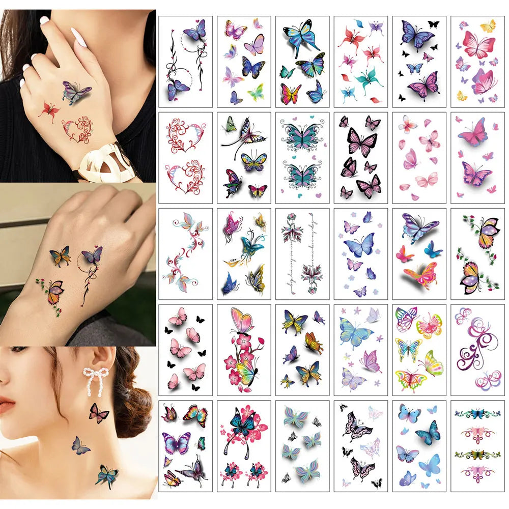 30pcs Black Temporary Tattoo Stickers - Flower Butterfly Rose Moon Star Mandala Designs for Hand, Chest & Body Art