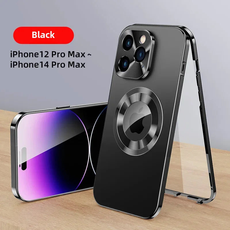 Magnetic Absorption Phone Case for iPhone 16/15/14/13 Pro Max – Aluminum Alloy & Glass Full-Body, Anti-Fall Protection