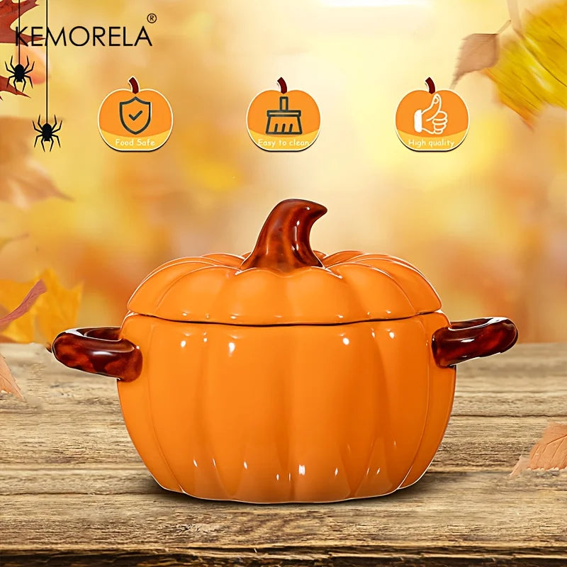 Halloween Pumpkin Ceramic Bowl – Oven-Safe Casserole with Lid & Handles for Thanksgiving