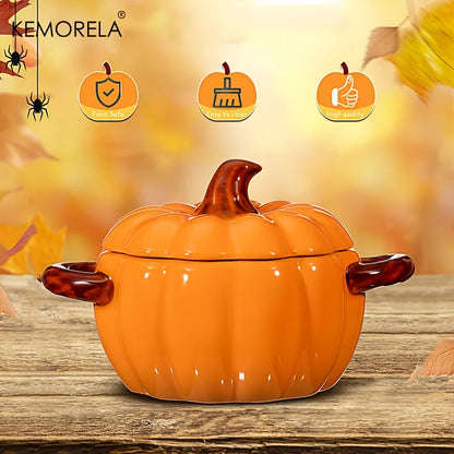 Halloween Pumpkin Ceramic Bowl – Oven-Safe Casserole with Lid & Handles for Thanksgiving