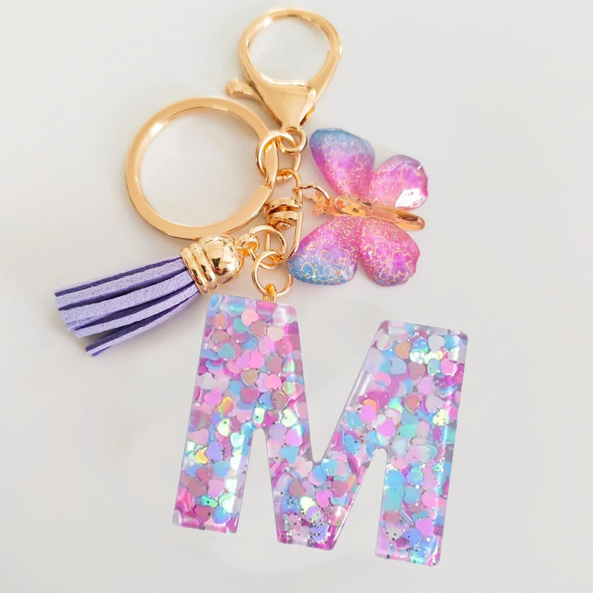 Butterfly Initial Keychain - Fringe Sequin A-Z Letter Bag Charm for Women & Students