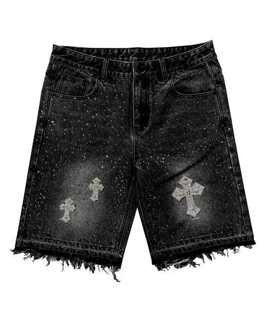 Vintage Rhinestone Denim Shorts — Y2K Harajuku Hip Hop Baggy Low-Waist Jeans for Men & Women