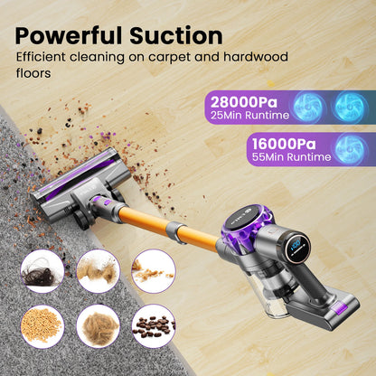 YISORA Cordless Vacuum Cleaner – 28Kpa Suction, 55 Min Runtime, Wireless with Touchscreen for Pet Hair & Carpet Cleaning