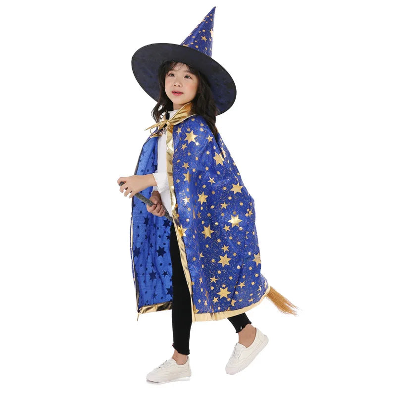 Kids Halloween Witch Cloak and Hat Set - 5-Star Cosplay Costume, 90cm Length for Height 100-160cm, Perfect for Parties and Dress-Up