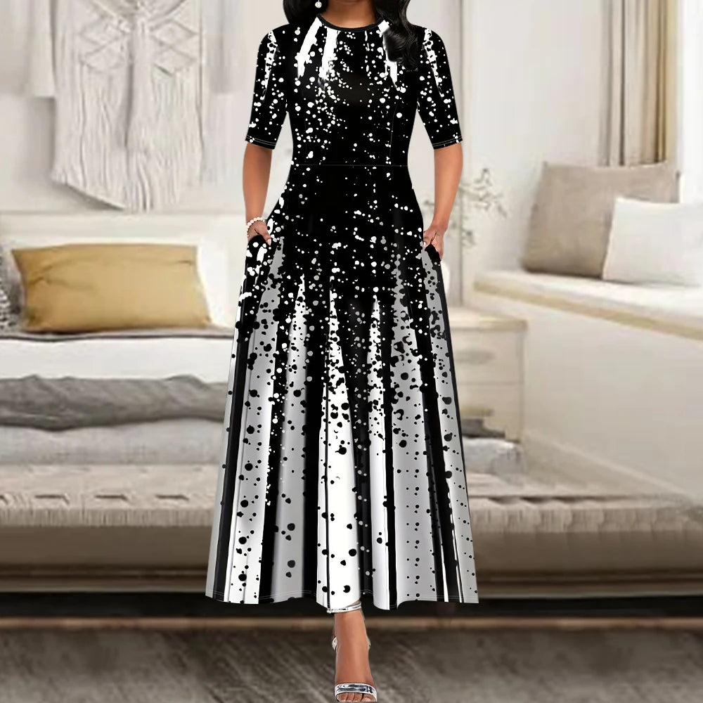 Women’s Elegant Long Party Dress 2024 – Loose Retro Printed Casual Dress with Round Neck & Short Sleeves