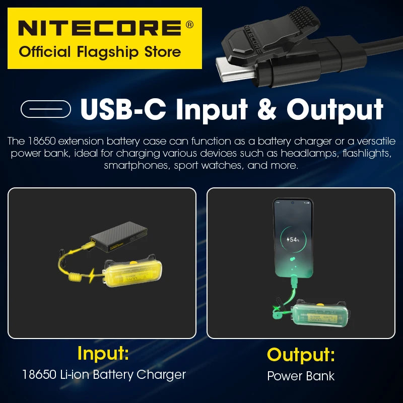 NITECORE 18650 Battery Extension Case - Li-ion Power Bank Charger for NU40 NU43 NU50 Headlamps
