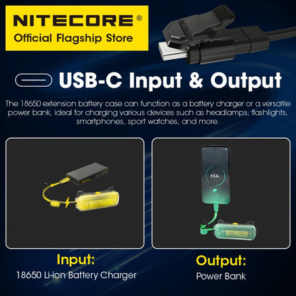 NITECORE 18650 Battery Extension Case - Li-ion Power Bank Charger for NU40 NU43 NU50 Headlamps