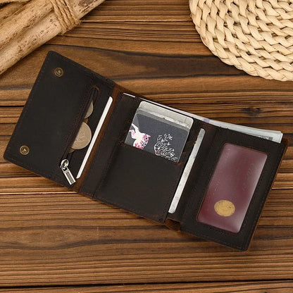 Men’s Genuine Leather Short Wallet with Chain – Trifold Zipper Clutch, Card Holder & Coin Purse