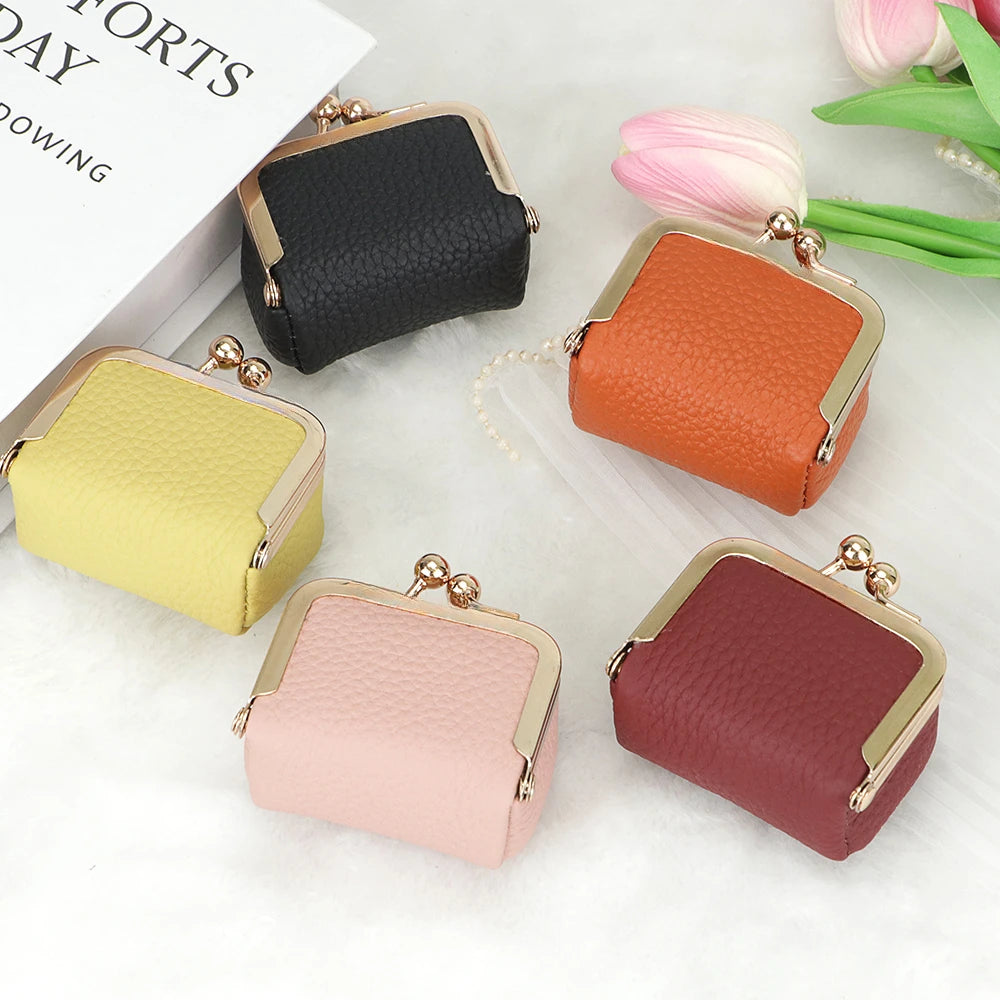 URBAN MASTER Genuine Leather Mini Coin Purse – Solid Color Kiss Lock Change Pouch, Casual Small Wallet for Women
