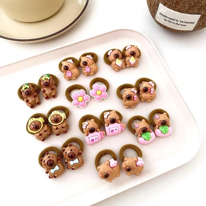 10/20PCS Cute Capybara Hair Ties for Kids - Resin Animal Elastic Hair Bands and Cartoon Hair Accessories for Girls