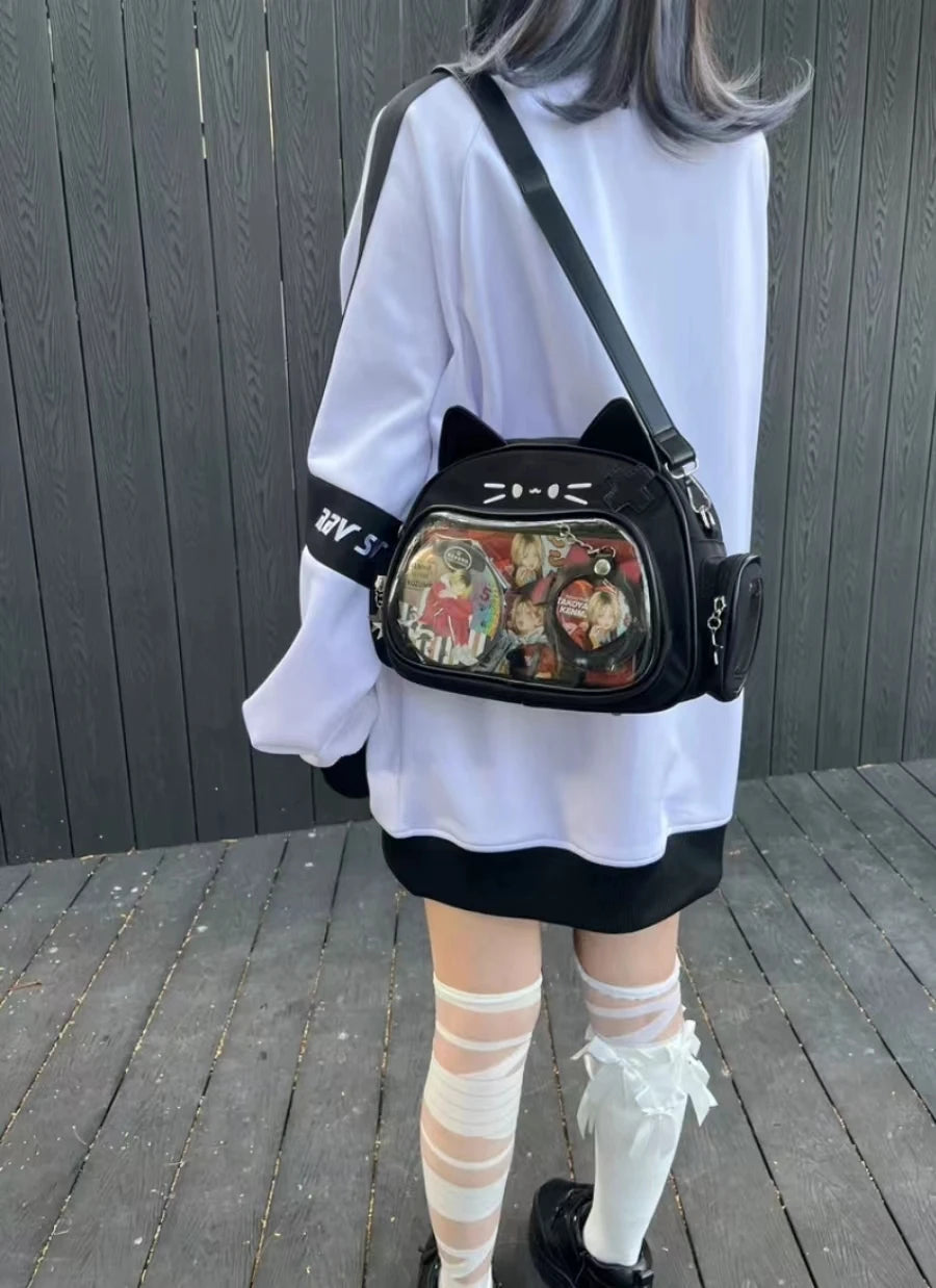 Y2K Korean Kawaii Cat Ita Bag — Cute PU Transparent Shoulder & Crossbody Bag for Girls, Harajuku Style Backpack