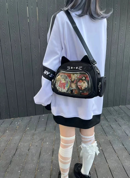 Y2K Korean Kawaii Cat Ita Bag — Cute PU Transparent Shoulder & Crossbody Bag for Girls, Harajuku Style Backpack