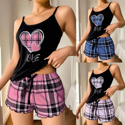 Women’s Sexy Suspender Pajama Set - Letter Print Plaid Shorts Romantic Thin Nightwear Home Wear