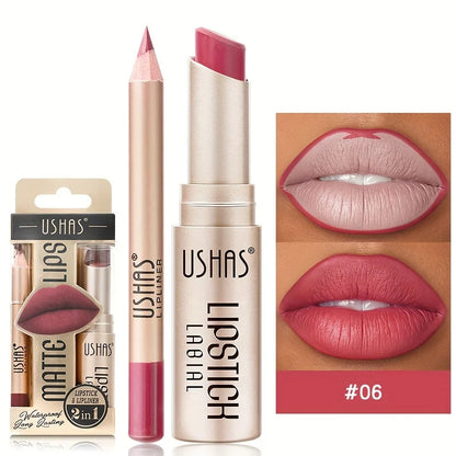 USHAS 12-Color Matte Lipstick & Lip Liner Set – Long-Lasting, Waterproof, Non-Stick Easy Coloring Lip Makeup Kit