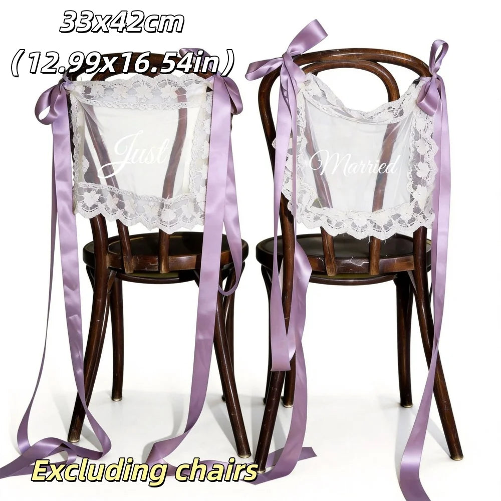 Personalized Just Married Chair Signs - Lace Wedding Chair Banners for Bride & Groom