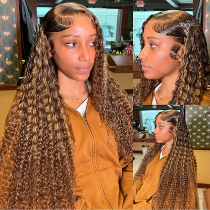 30-36 Inch Curly Highlight Wig – Honey Blonde 13x4 Lace Front Deep Wave Brazilian Human Hair HD Lace Frontal Wig for Women