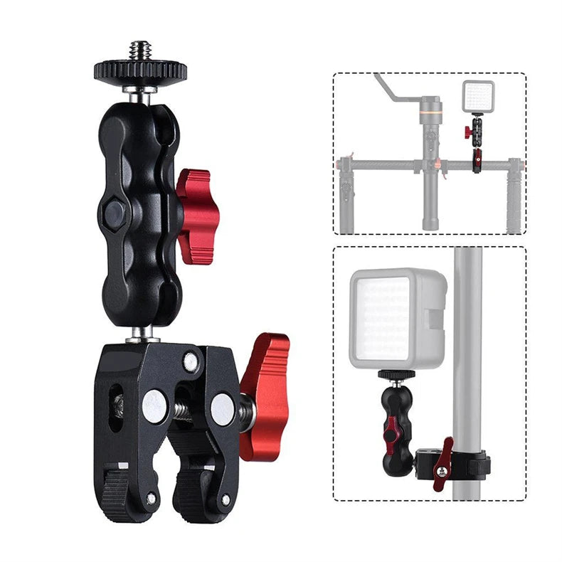 Super Clamp Camera Mount with 360° Ballhead, Double Ball Head Magic Arm Adapter for DSLR, GoPro, LED Lights, and Phone