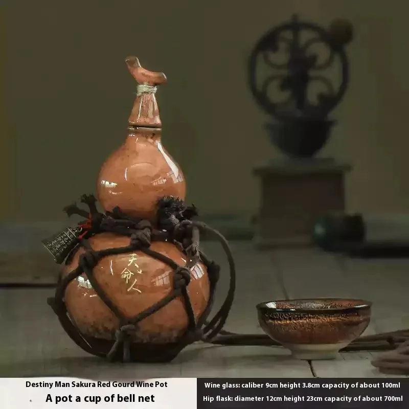 800ml Wukong Ceramic Gourd Cup - Ancient-Style Wine Gourd Set with Net Bag