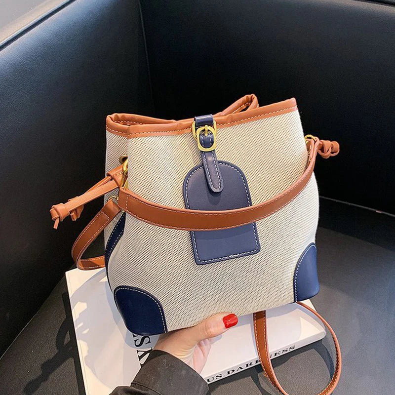 2022 New Korean Style Fashionable Portable Bucket Bag – Trendy Canvas Contrast Texture Messenger Bag
