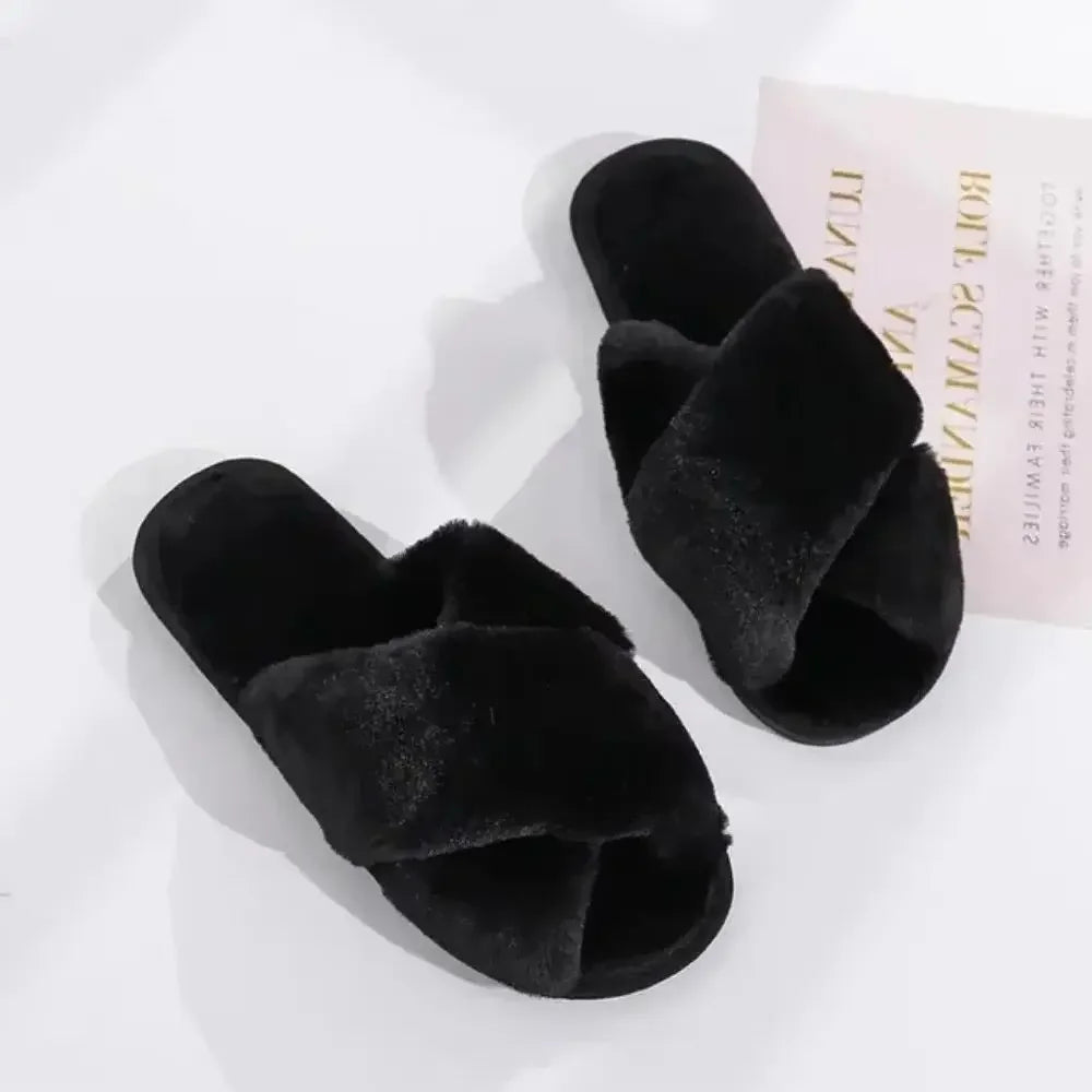 Winter Women’s House Slippers – Faux Fur Slip-On Flats, Cozy Warm Home Slides in Black & Pink