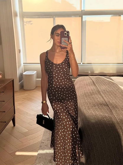 Elegant Women’s Polka Dot Maxi Dress – Chic Sleeveless Round Neck High Waist Slim Fit Vestido for Party & Street, 2025 New