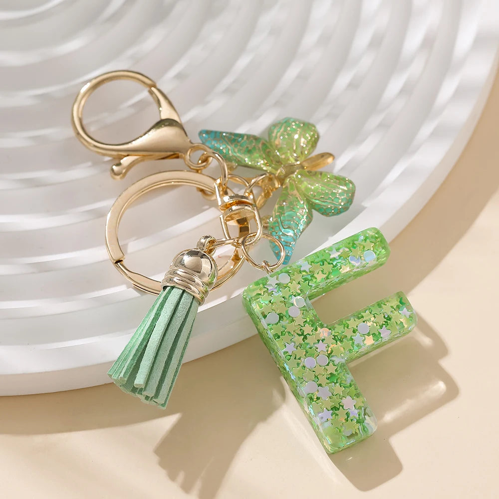 A-Z Initial Letter Resin Keychain - Green Butterfly Lobster Key Ring & DIY Charm