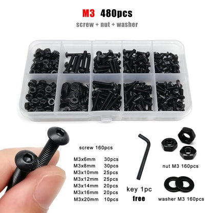 M1.6-M8 Black Grade 10.9 Steel Allen Hexagon Screw Bolt Nut Washer Kit – Round Head Set Box
