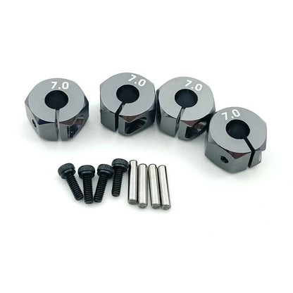 4PCS Aluminum Wheel Hex Hubs — 12mm Drive with Pins & Screws, 5/6/7mm Thickness for RC Cars, Crawlers, HSP, Tamiya, SCX10 & Slash