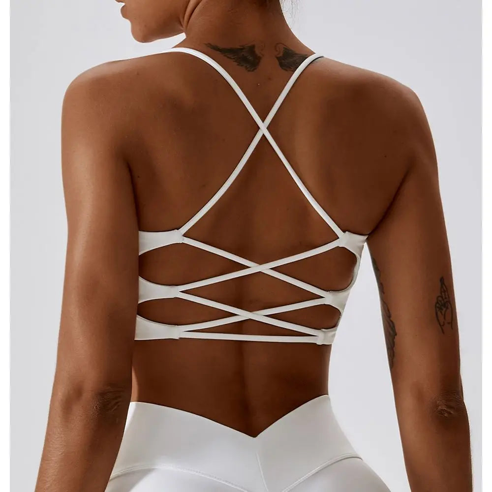 Solid Color U-Shaped Multi-Strap Cross Back Women's Fitness Sports Bra - Gym Yoga Athletic Tight with Chest Pad
