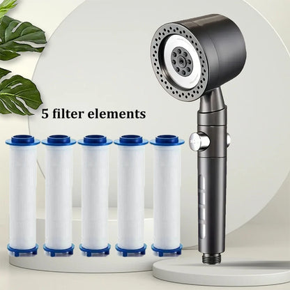 High Pressure Water Saving Shower Head - 5 Mode Handheld Bathroom Filter Spray with One Button Stop Function