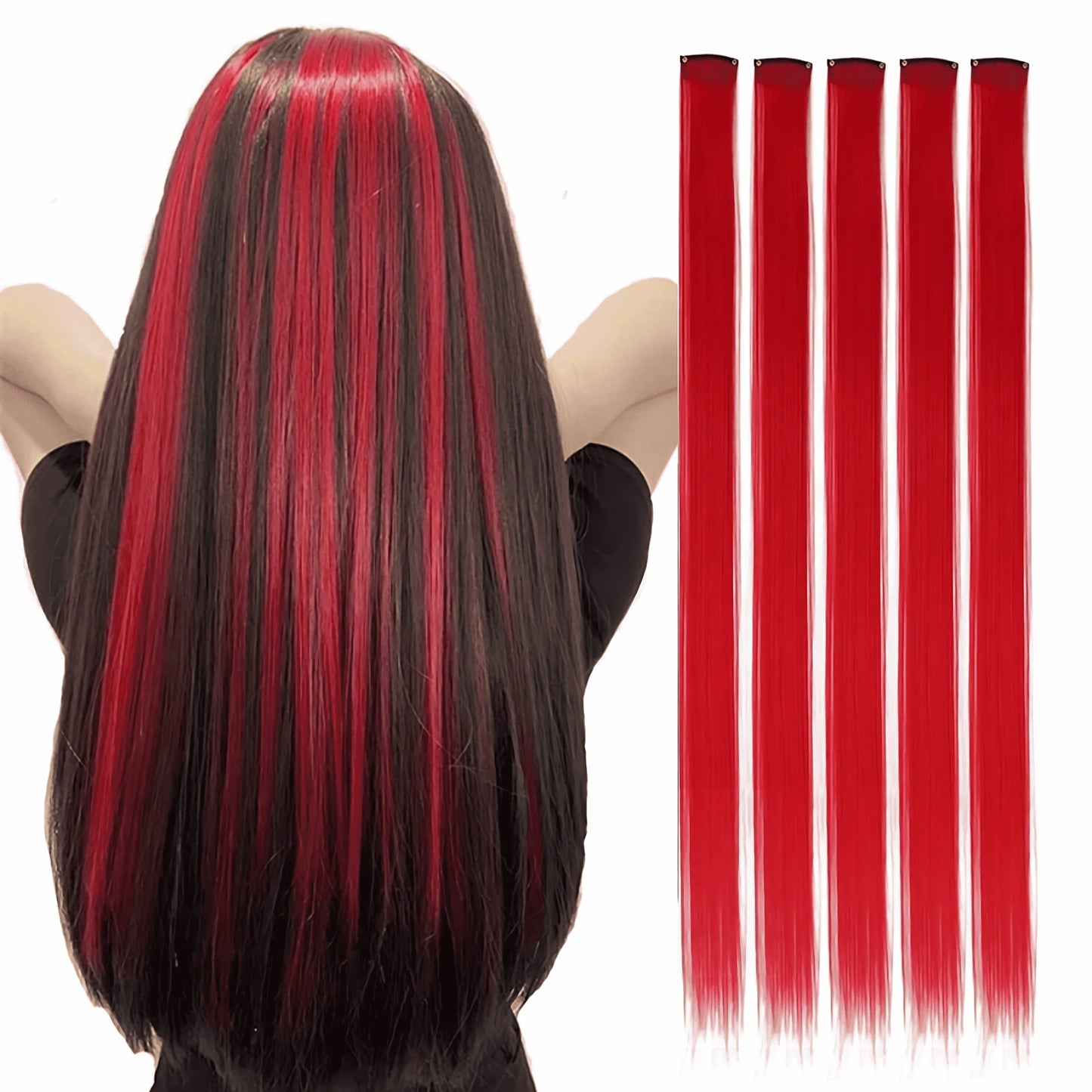5PCS Long Straight Clip-In Hair Extensions - Synthetic Hairpieces for Women, Cosplay & Parties