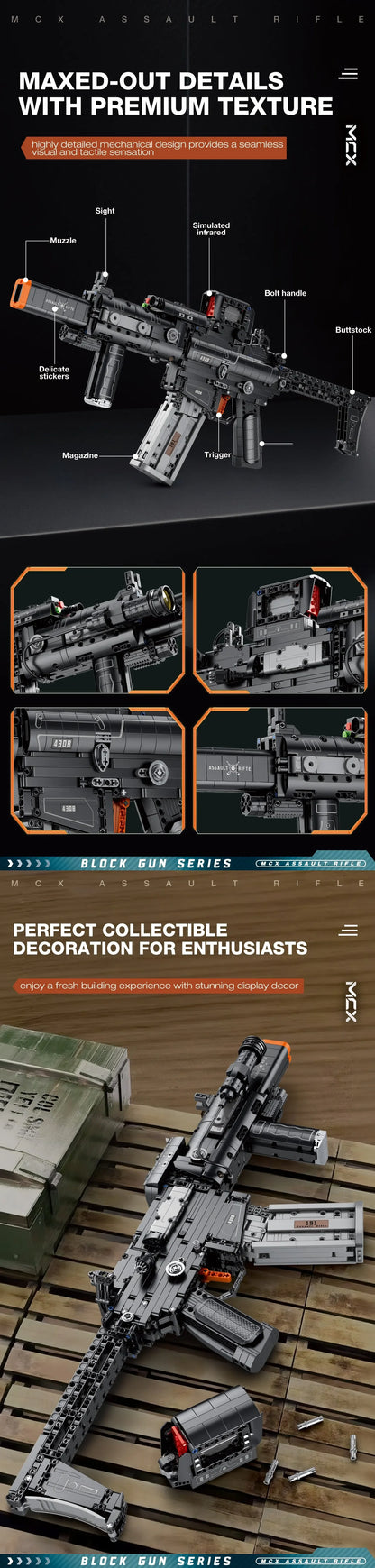 1589PCS MCX Tactical Rifle Building Block Set – Detachable Magazine Gun Model Toy for Kids & Holiday Gifts