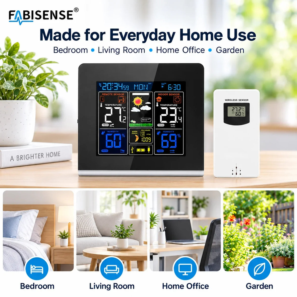FABISENSE Wireless Weather Station - Indoor & Outdoor Thermometer Hygrometer with Forecast, Barometer, Moon Phase & USB Power